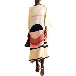 Silk Crepe Kaftan Calf Length Loose Fit Elegant Lounge Wear Summer Dress